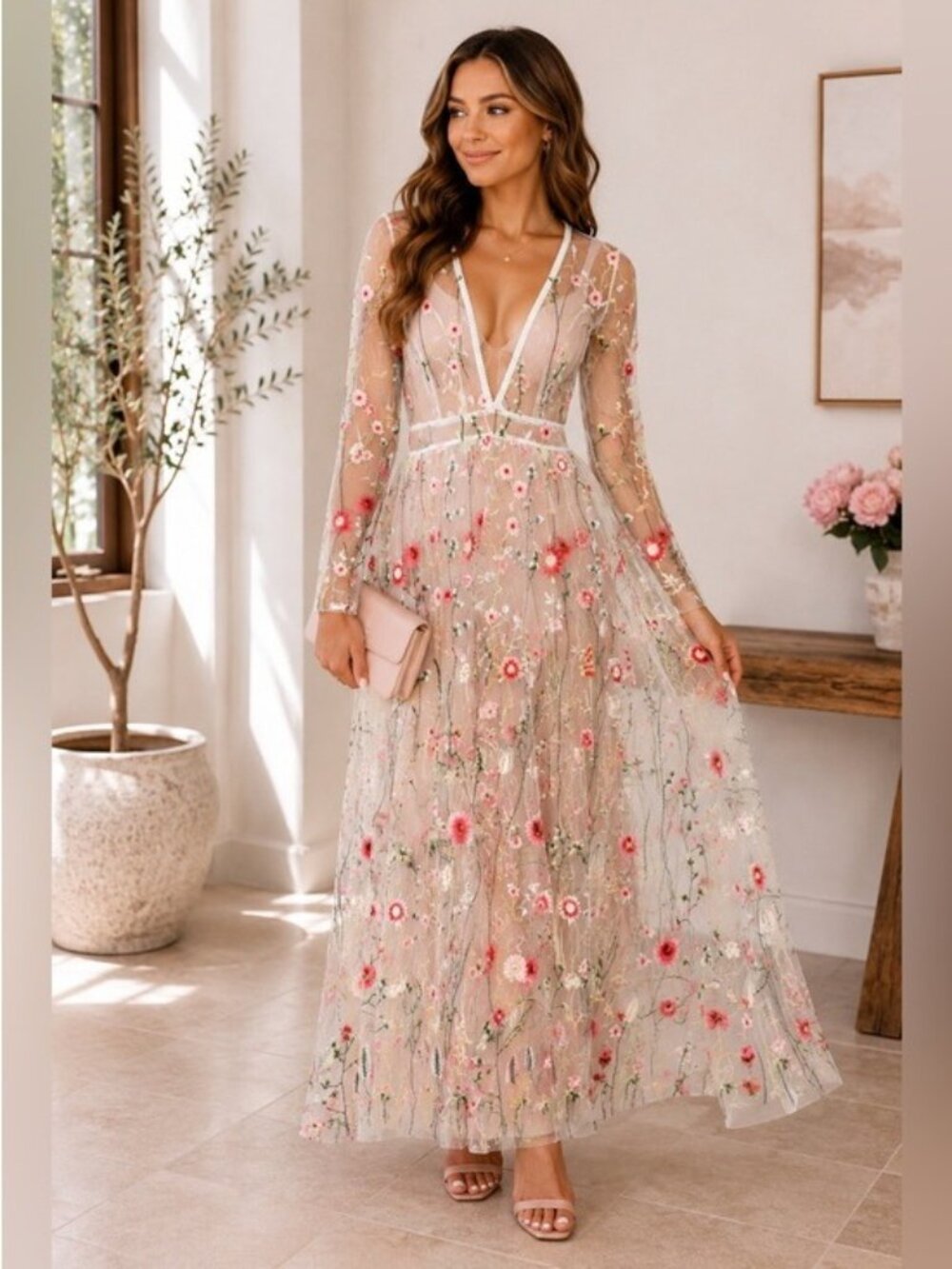 Impulse Floral Embroidered Sheer Mesh Maxi Dress Ivory Long Sleeve Size S